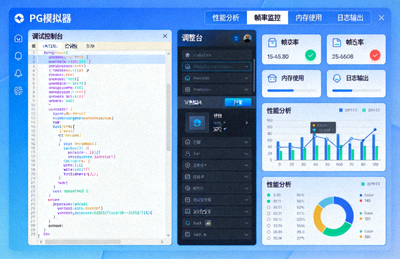 PG模拟器专属游戏开发工具界面，展示调试与性能分析